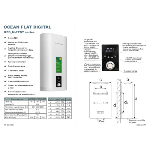 Фото 5 - Водонагрівач OCEAN FLAT RZB80M, ET+DT (80л Digital)